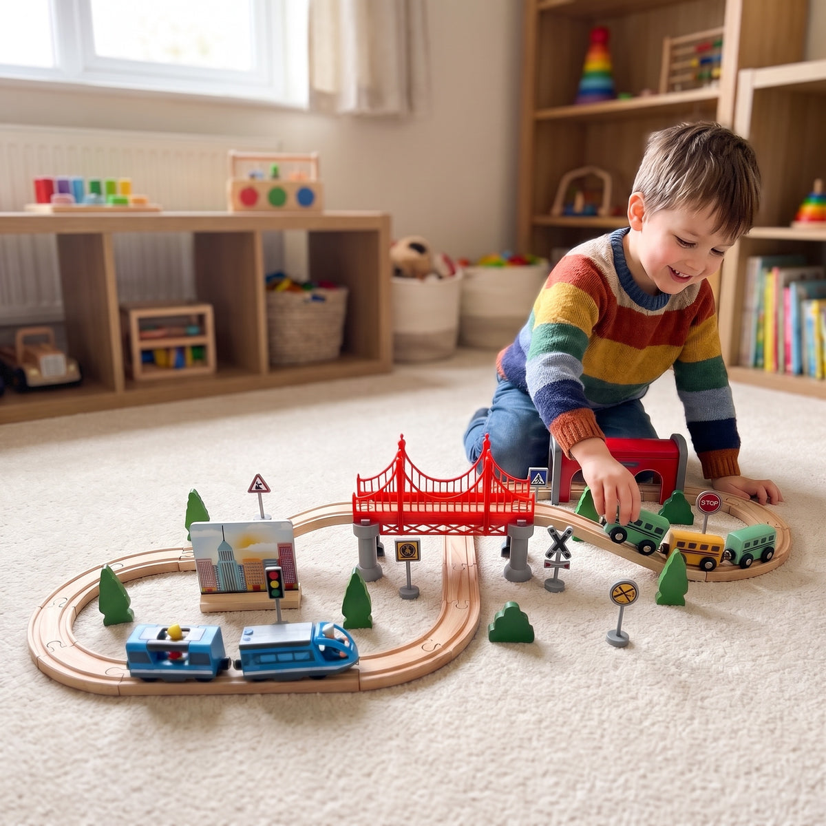 Child playing with a figure of eight wooden train set on a playroom rug